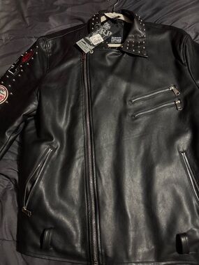Robert Phillipe Black Studded Leather Moto Jacket with Patch Accents